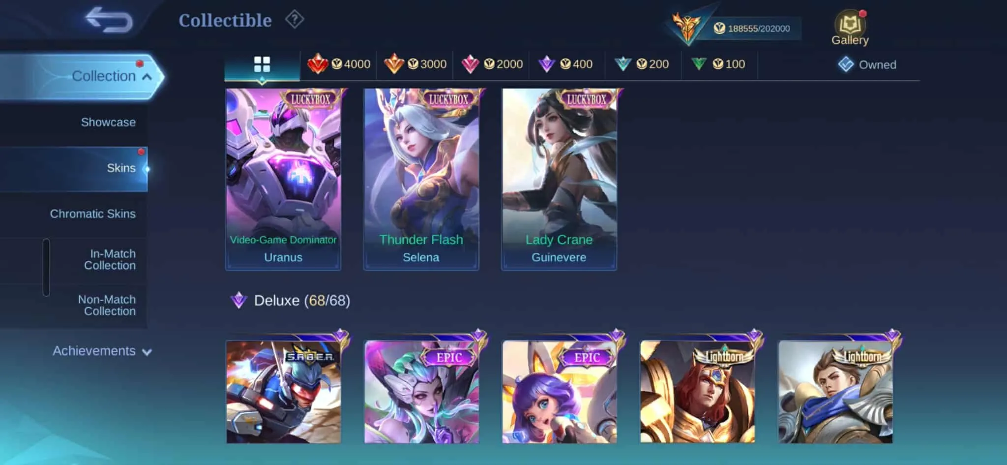ML532 Mega Collector IV 3 Legend Ducati Zenith Selena 4 Aspirant KOF Guinevere Dyrroth 2 Prime Many Luckybox 508 Skins