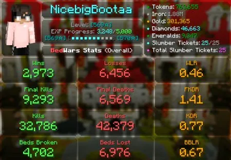 MC46 // Title: MVP+ 516 Star BedWars, 2973 Wins, 9293 Final Kills, 4702 Beds Broken