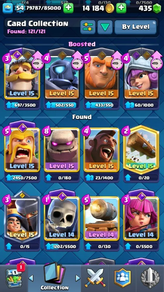 CR575 10k trophies lvl 54 maxed collection 121/121 cards 6 lvl 15 11 lvl 14 19 legendary 10 evolutions 66 emotes tower skins banner decorations