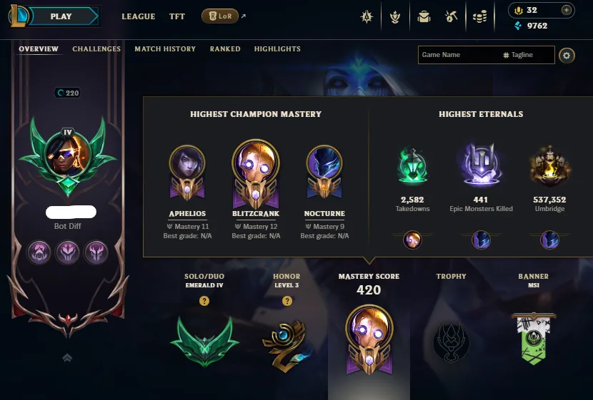 HUGE SALE!🔥LVL220 Emerald 4 80%WR💎203Skins 6Mythics⭐Name Changeable✅Lifetime Ownership Guarantee ⸱ Never Taken Back