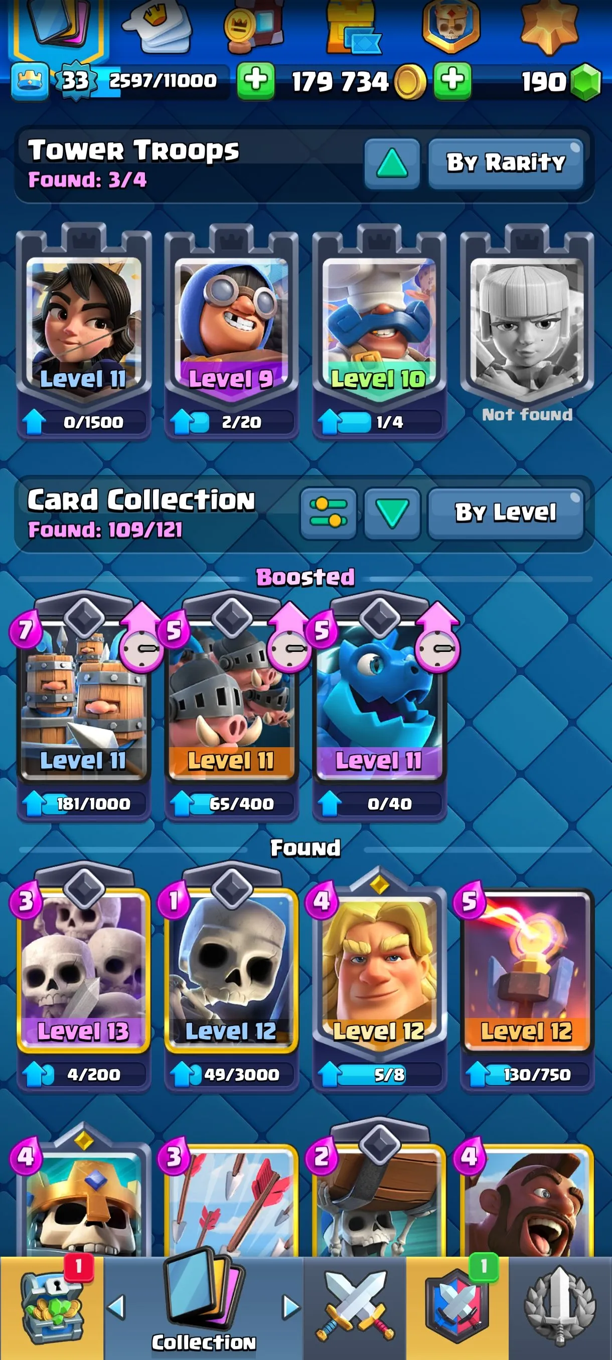 CR675 6105 cups 0 Evolutions 109 cards 190 gems 179734 gold King 33 Arena 17 29 emotes 1 tower rich badges