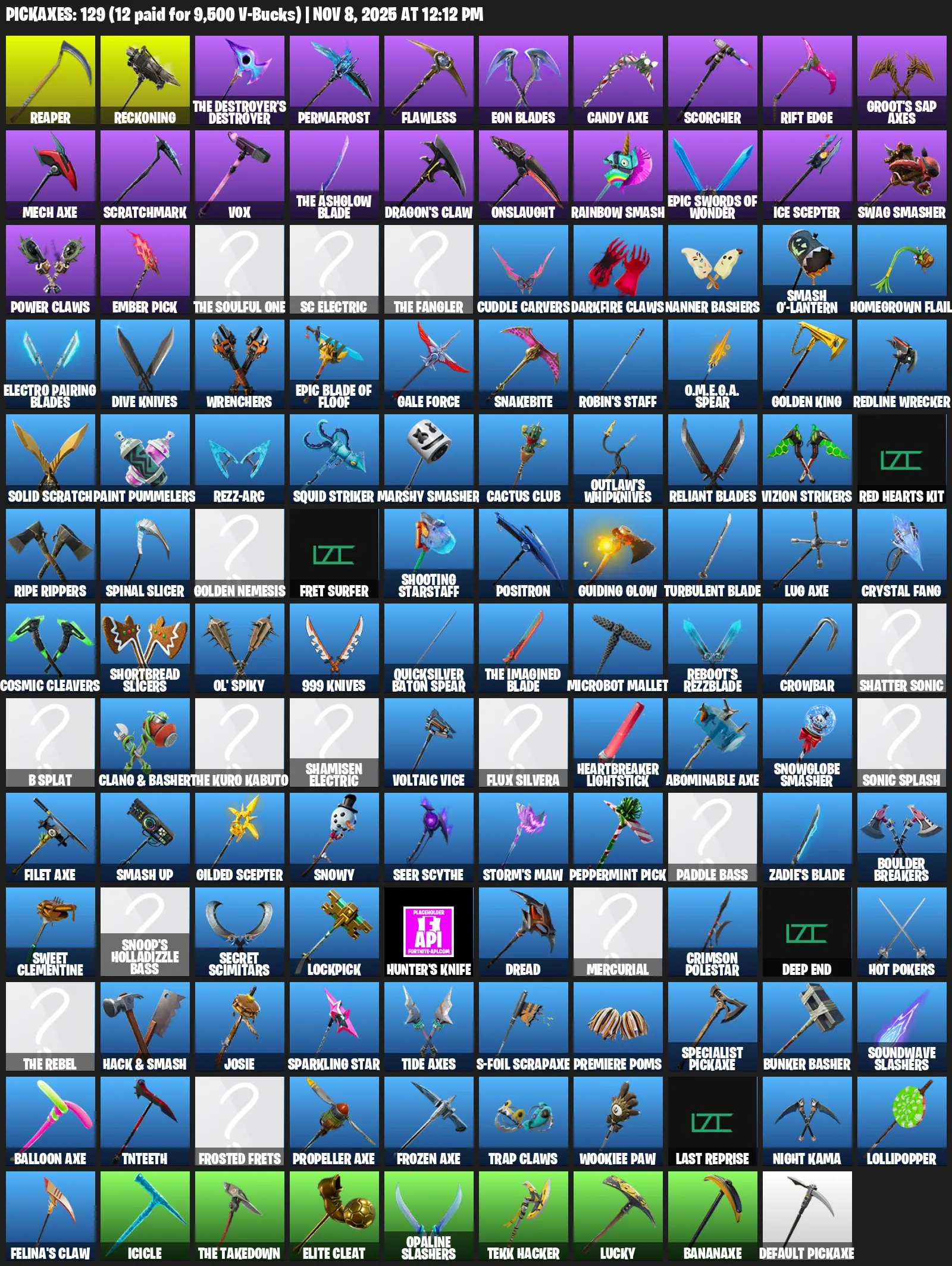 F987 112 Skins, Golden Midas, Carbon Commando, Drift, Prodigy, Deadpool, Rare Emotes, 129 Pickaxes, 121 Gliders 