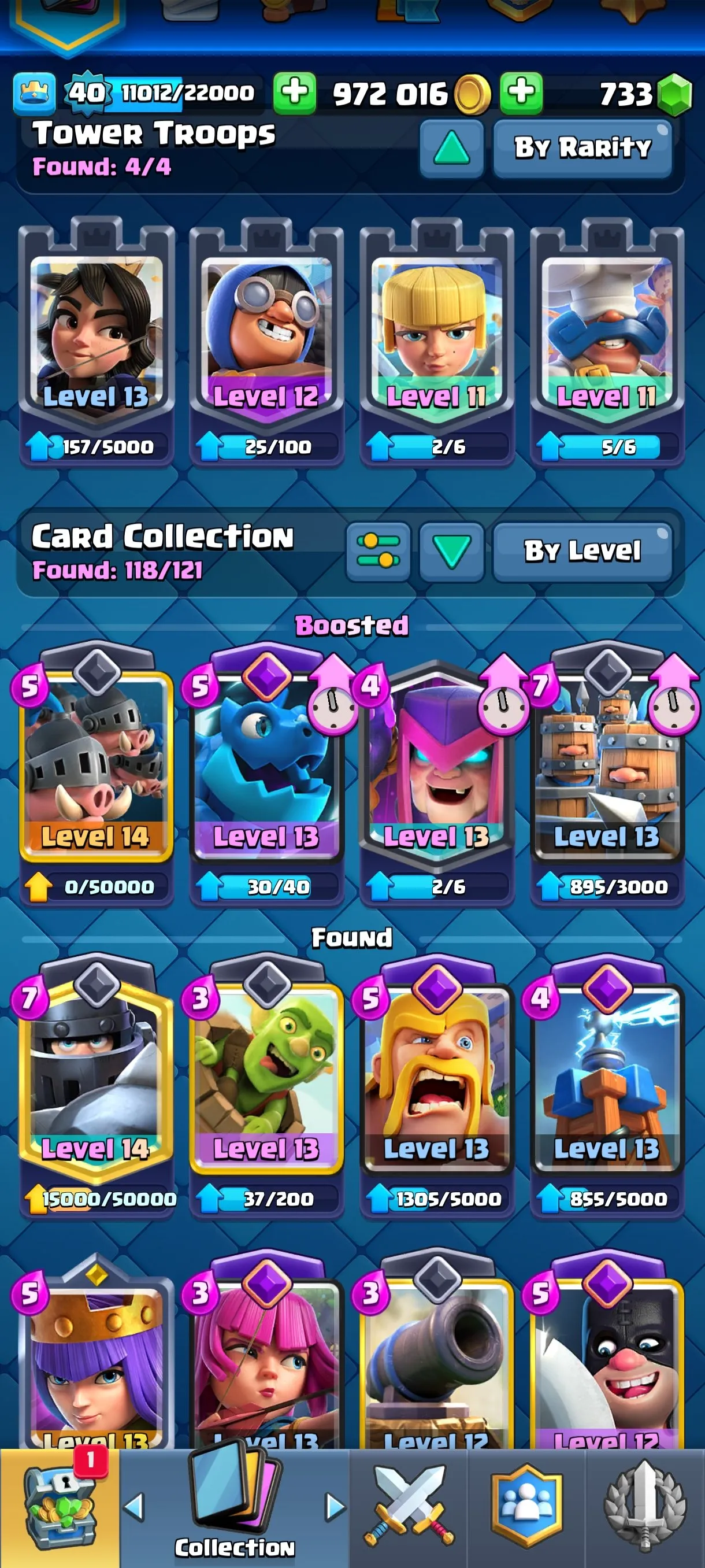 CR676 8035 cups 10 Evolutions 118 cards 733 gems 972016 gold King 40 Arena 21 5 tower skins 38 emotes rich magic