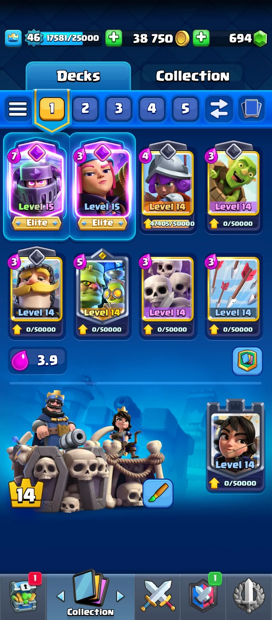 CR624 King Level 46 Arena 24 9700 Trophies 119 Cards 8 Evo 29 Pins Min Deck LVL 14 Max Deck LVL 15 Name Change Free 33k Best Seasons