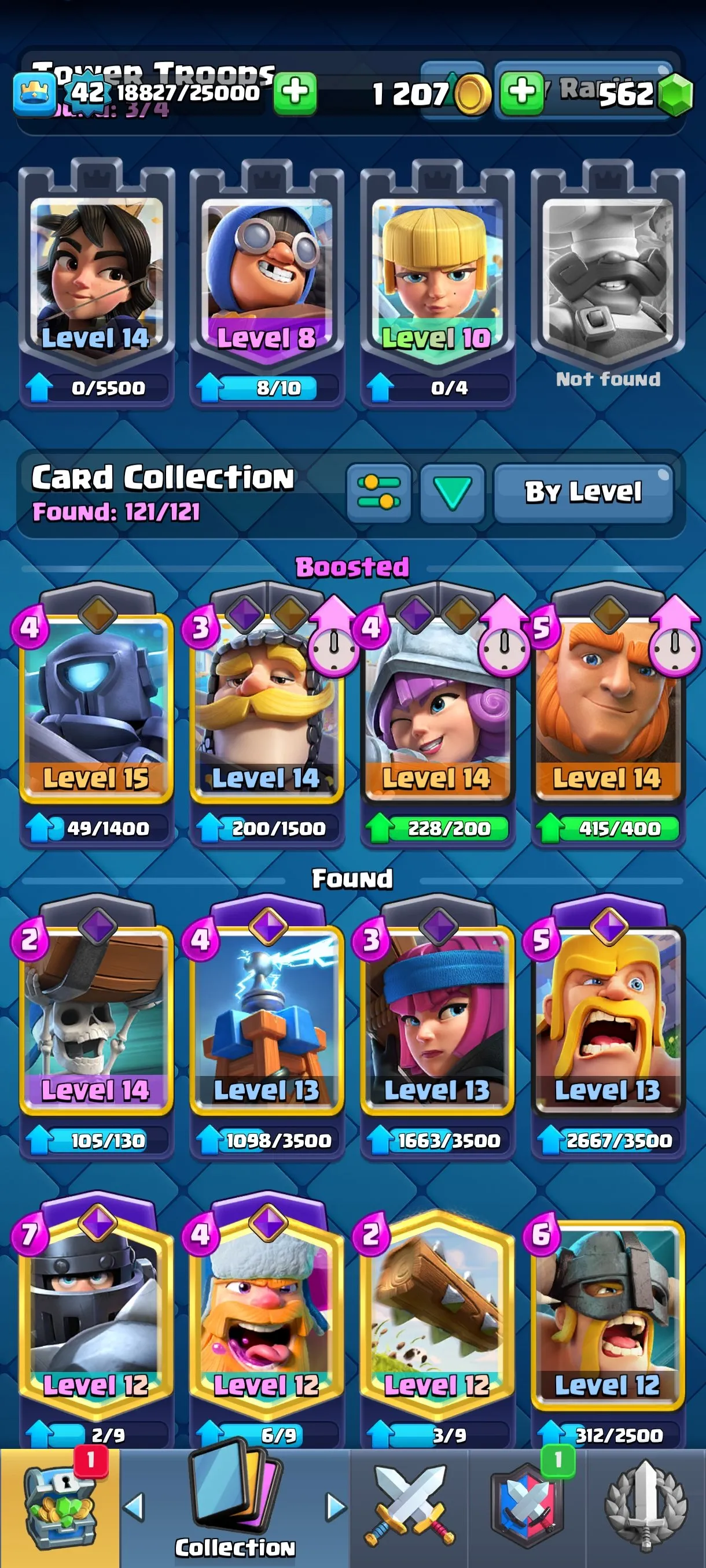 CR679 7530 cups 9 Evolutions 121 cards 562 gems King 42 Arena 20 53 emotes 2 tower skins rich badges collection