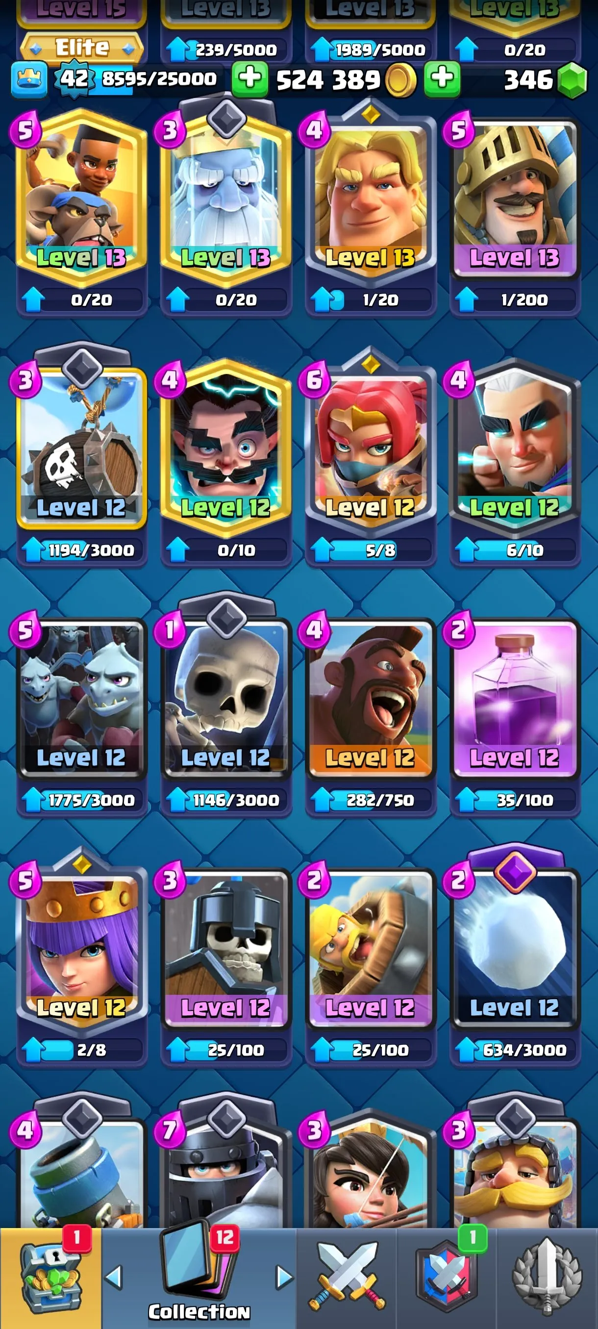 CR621 Maxed 8708 Cups star 11 Evolutions Lv14 Meta Cards 524k Gold 346 Gems 3 Towers 43 Emotes 118 Cards Name Change
