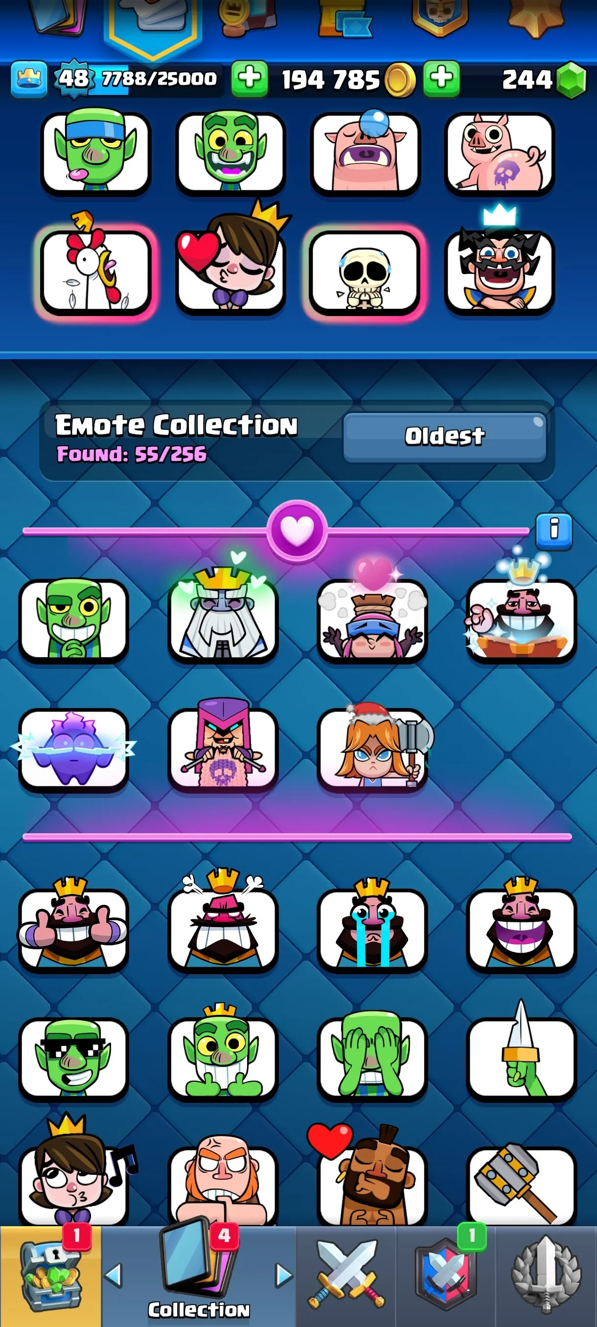 CR535 10,000 Trophies - Level 48 - 11 Evolutions - 55 Emotes - 7 Tower Skins - 121/121 Cards - 194,785 Gold - 244 Gems