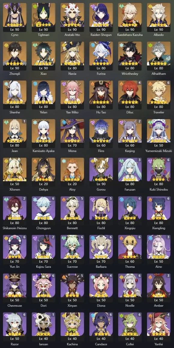 GI1068 High AR59 Iter Account with Furina, Raiden Shogun, Navia, Alhaitham, Yelan, Kazuha, Zhongli, Cyno, Arataki Itto 