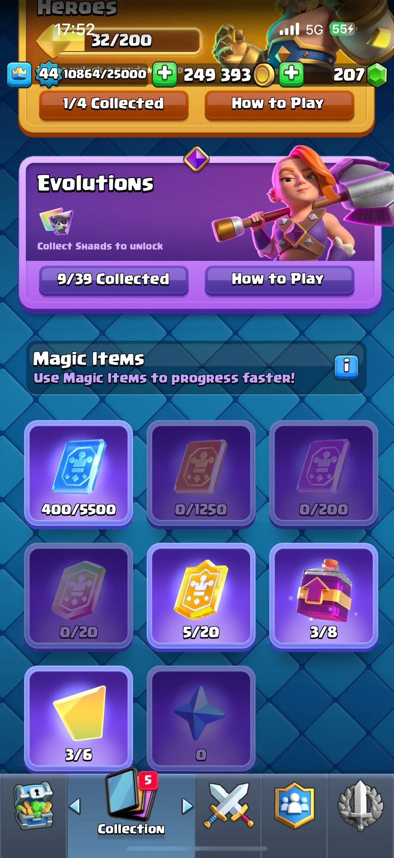 CR623 V44 Arena25 10000 Trophies Xbow 3.0 Deck Baby Siya 250K Gold 3 Shard Evo 9 Evo Cards 3 LV15 Cards 6 LV14 Cards 22 Legendaries 120 Cards Free Name Change