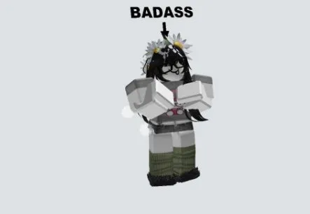 rblx3495 //Badass Woman Avatar with Daisy Crown Black Hair Grey Outfit White Shirt Green Leggings