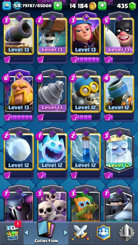 CR575 10k trophies lvl 54 maxed collection 121/121 cards 6 lvl 15 11 lvl 14 19 legendary 10 evolutions 66 emotes tower skins banner decorations