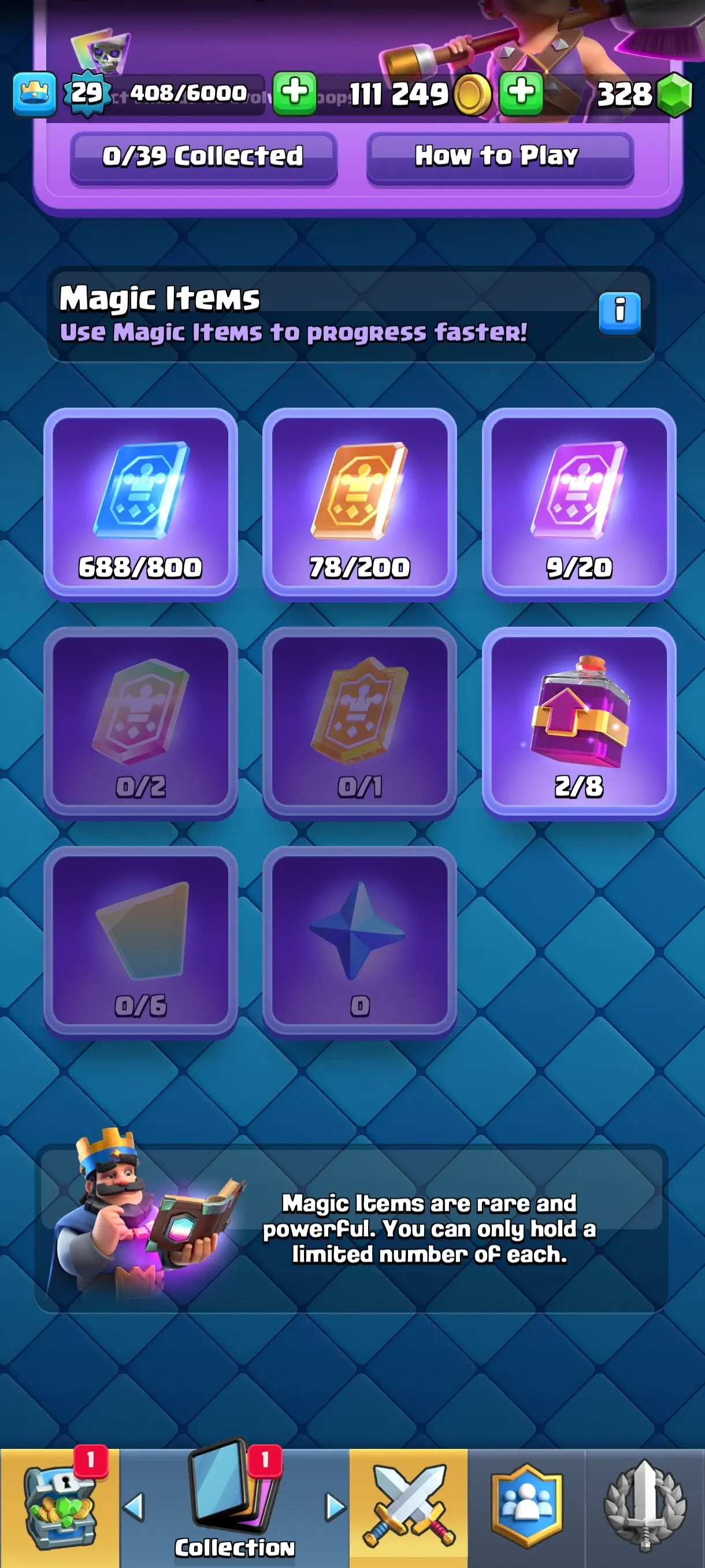 CR682 4445 cups 0 Evolutions 89 cards 328 gems 111249 gold King 29 Arena 13 12 emotes 1 tower banner collection