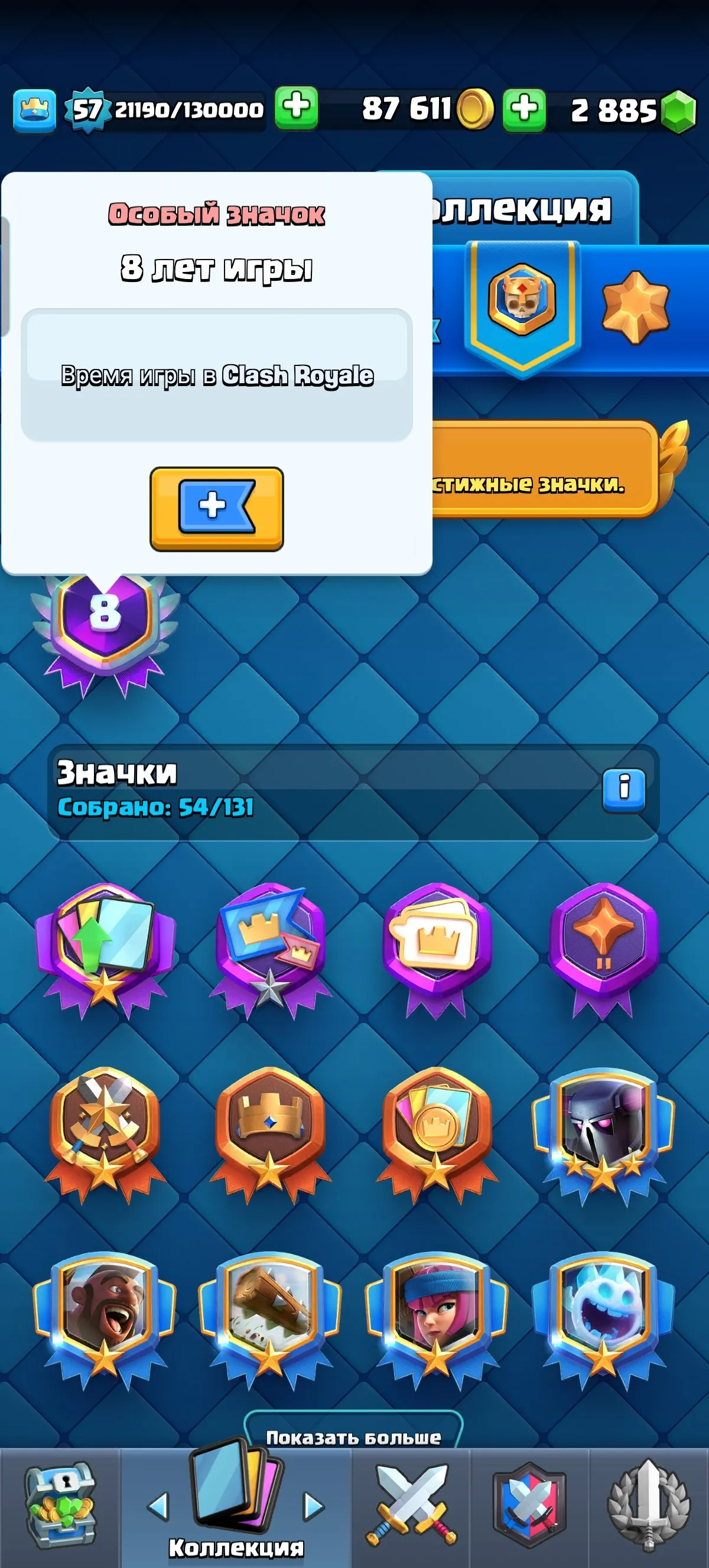 CR662 Arena 25 • King Level 57 • 10,060 Trophies • 121/121 Cards • 23 Legendaries • 11 Evolutions • 47 Emojis • 8 Tower Skins • 8-Year Badge • 2,885 Gems • 87,000 Gold