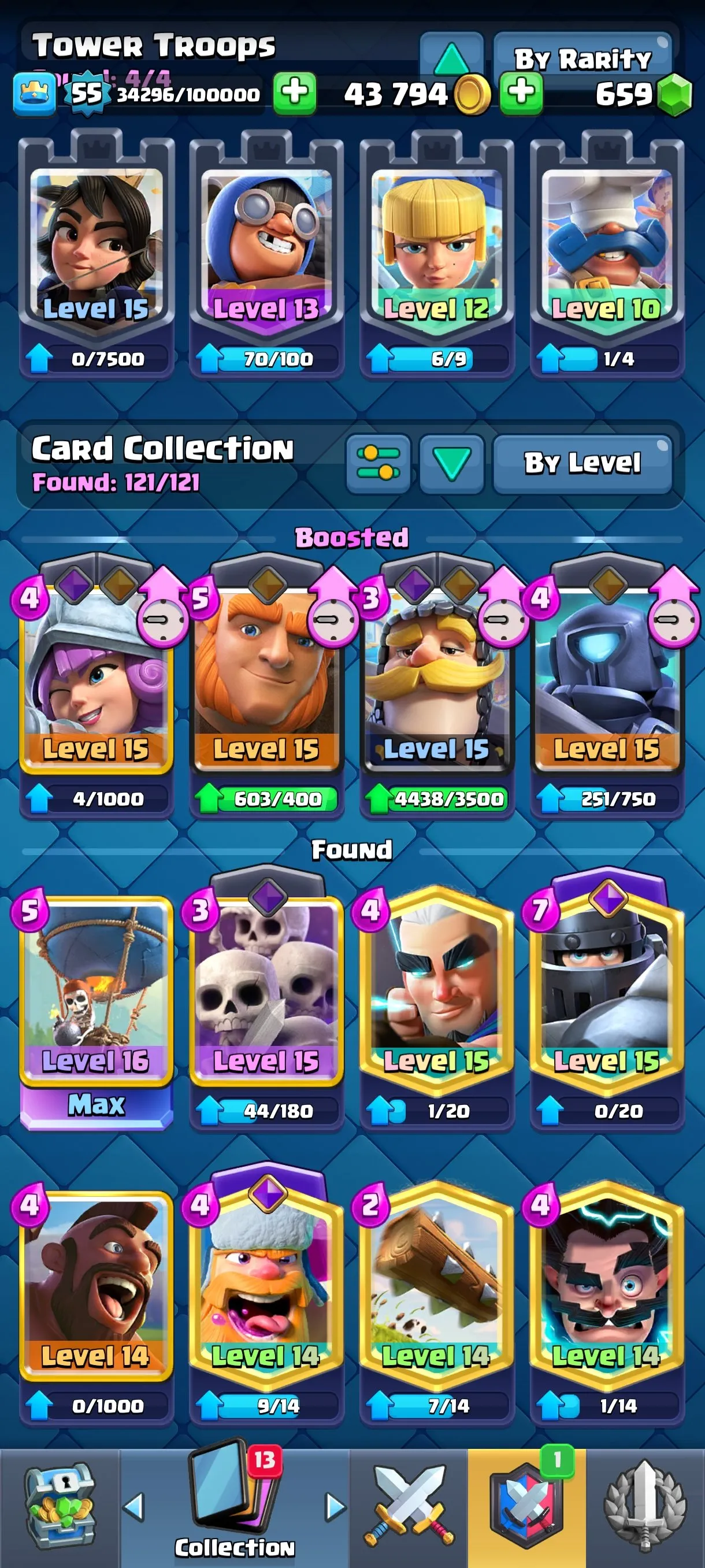CR681 10000 cups 10 Evolutions 121 cards 659 gems 43794 gold King 55 Arena 25 69 emotes 9 tower skins max balloon mega knight