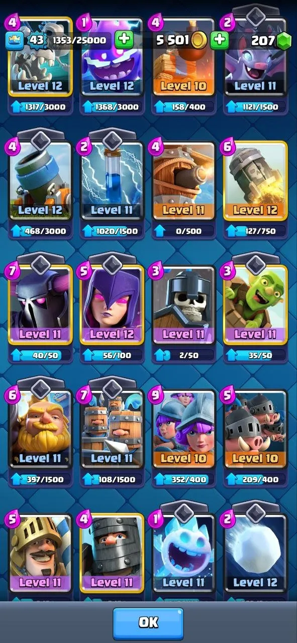 CR515 Max Arena 20 7803 Trophies | Level 43 | 8 Evolutions | 31 Emotes | 120/121 Cards 