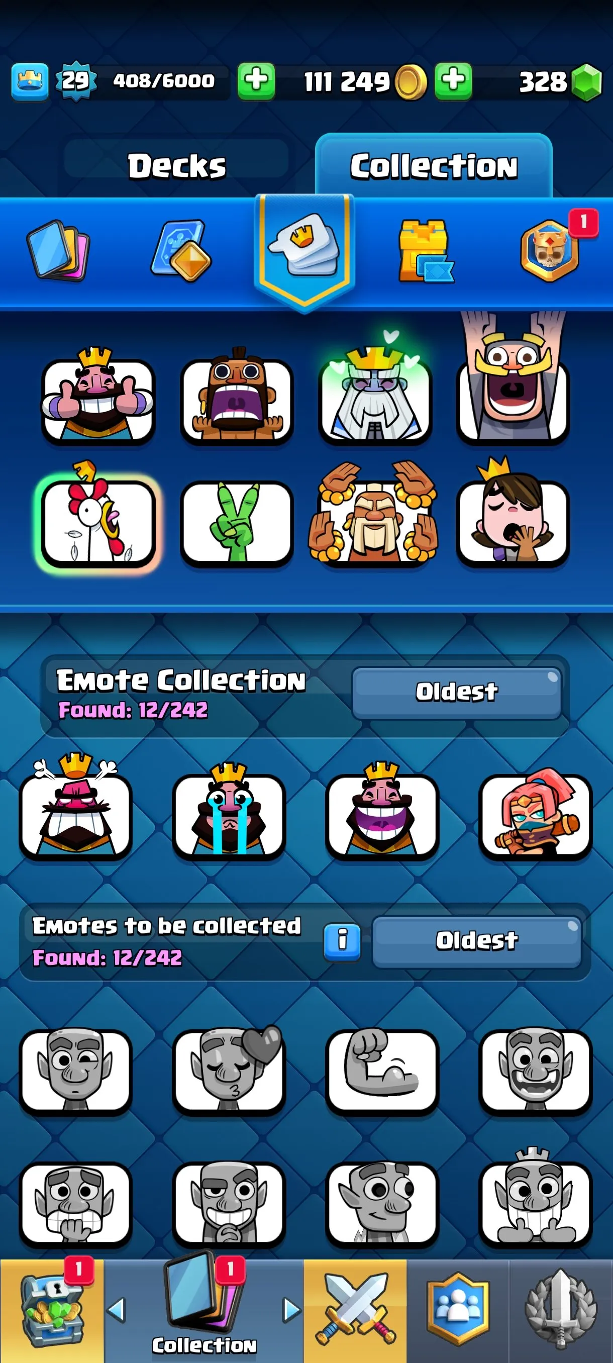 CR682 4445 cups 0 Evolutions 89 cards 328 gems 111249 gold King 29 Arena 13 12 emotes 1 tower banner collection
