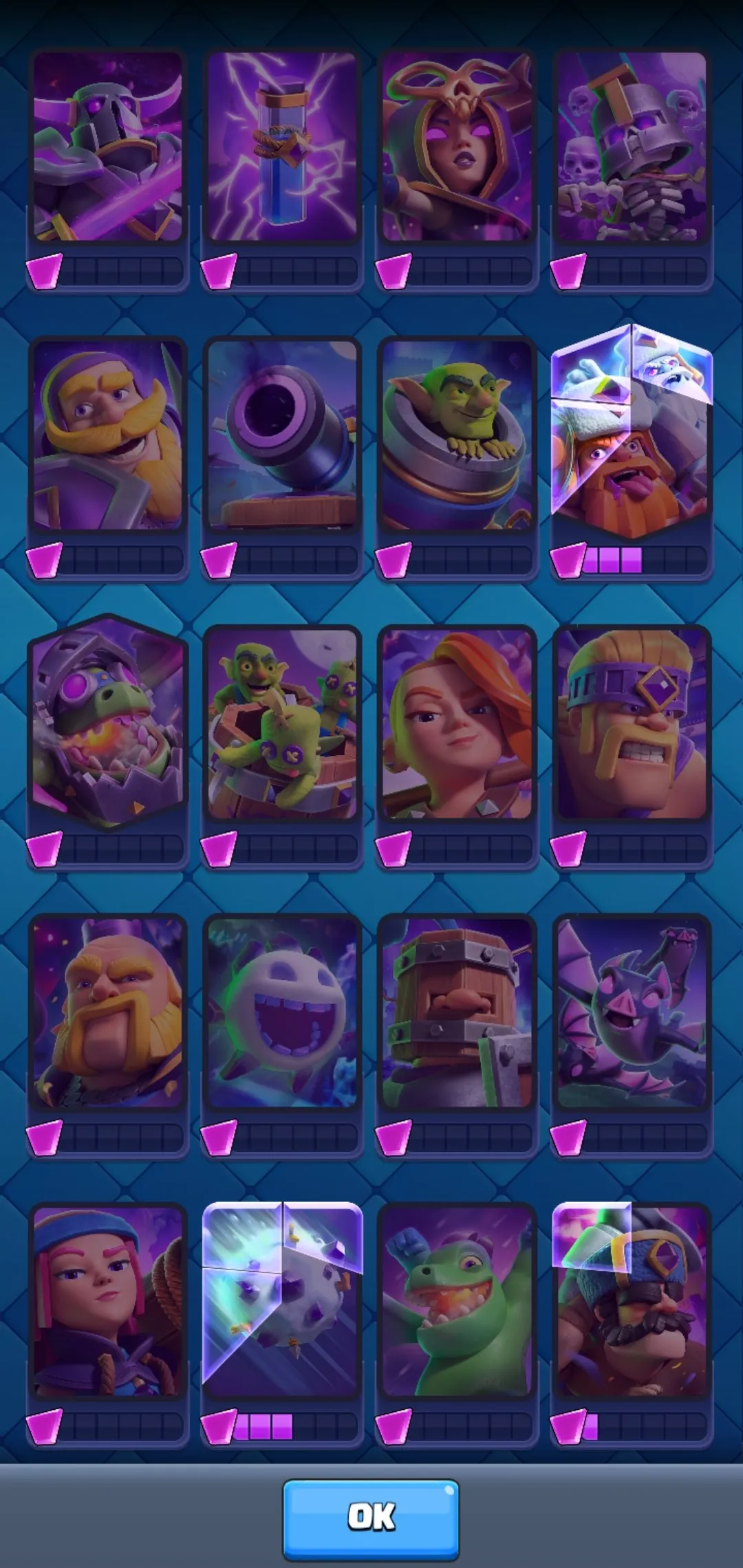 CR568 8 Evolve star 10000 Trophies 121/121 Cards 22 Legendary 31 Emotes 5 Tower Skins 716 Gems 167k Gold Level 44