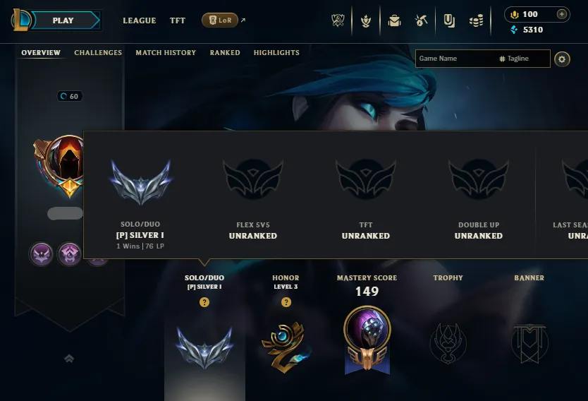 Platinum 2 MMR🔥LVL60 Silver 1 76LP (1W/0L) Handleveled💎56Champs 11Skins 5K BE⭐Name Changeable✅Lifetime Ownership Guarantee