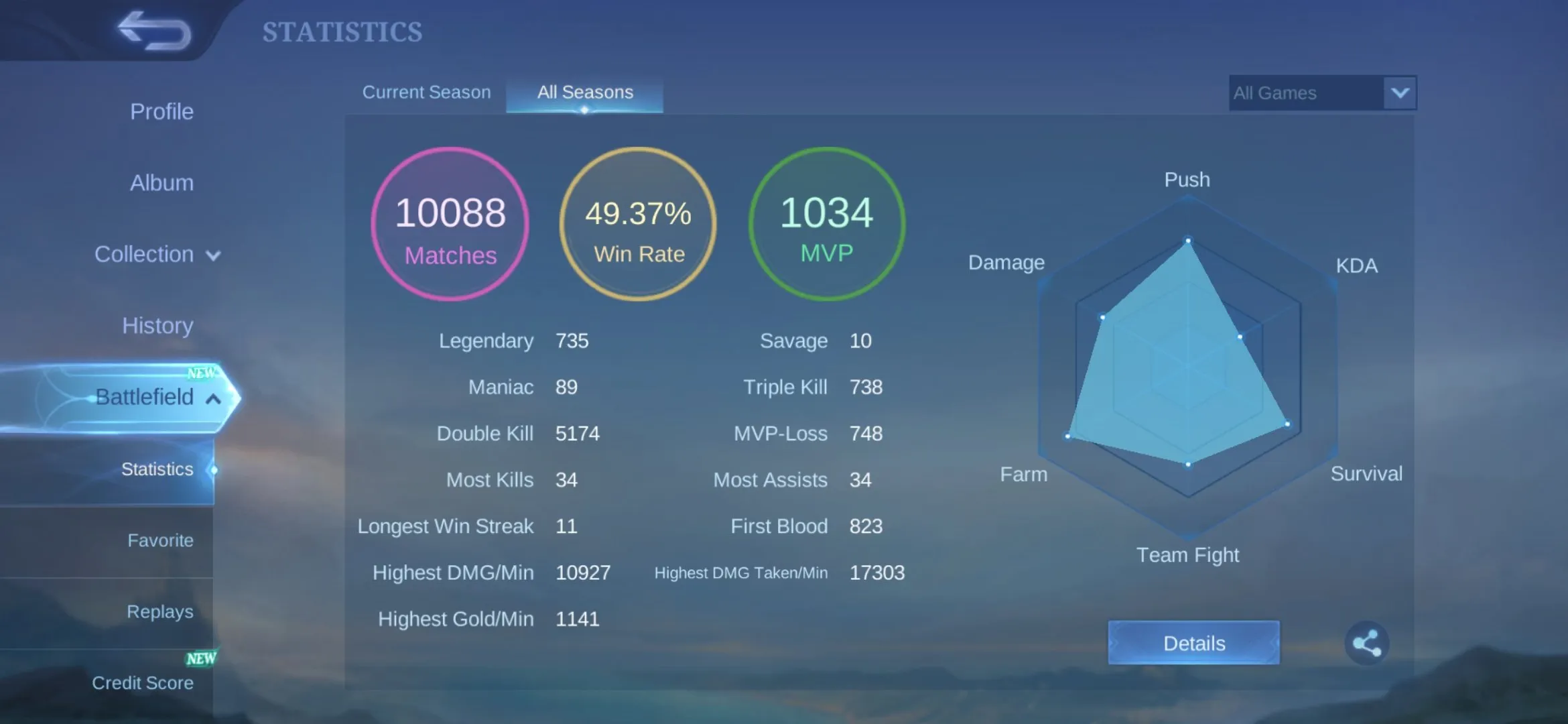 ML512 168 Skins Mythic 98 Level KOF Karina Huge Epic Collection 10k Matches