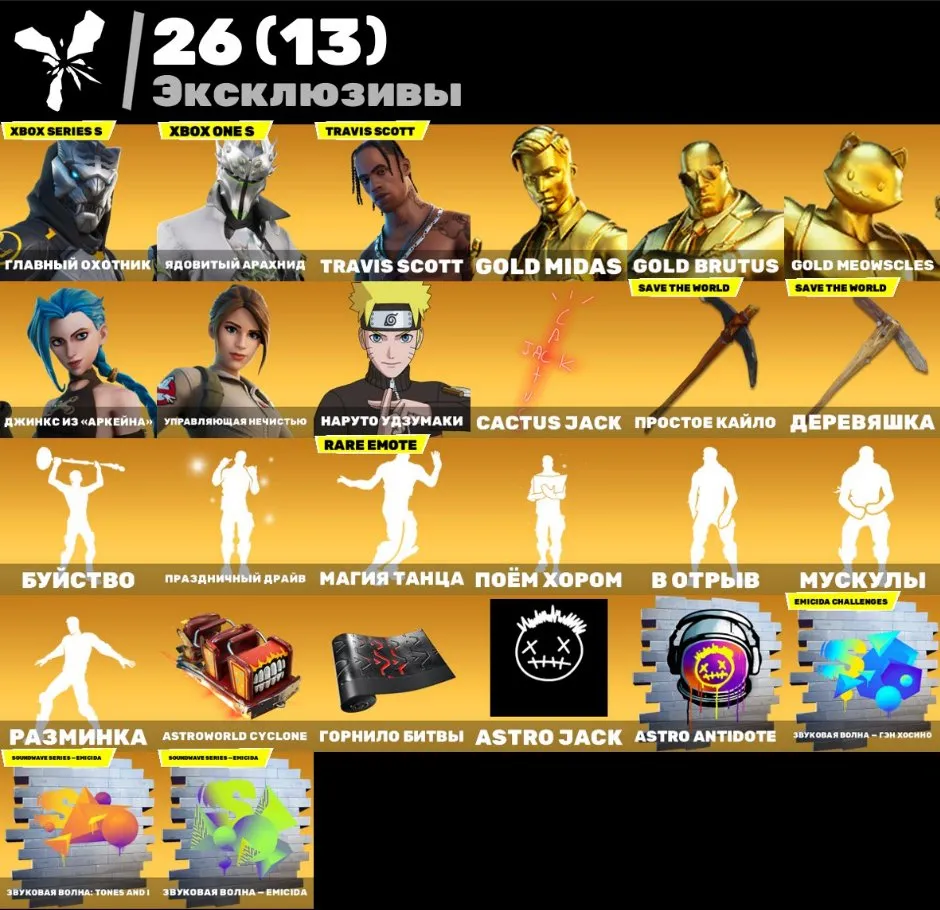 F1121 266 Skins Including Travis Scott, Huntmaster Saber, Naruto Uzumaki, Cactus Jack, Exclusive Xbox & Save The World Cosmetics (G)