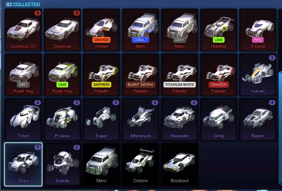 STOCK441 //Fennec, Titanium White Standard Boost, 82 Cars, 48 Black Market, Painted Paladin, Zippy, Lobo, Pulsus, Extensive Wheels