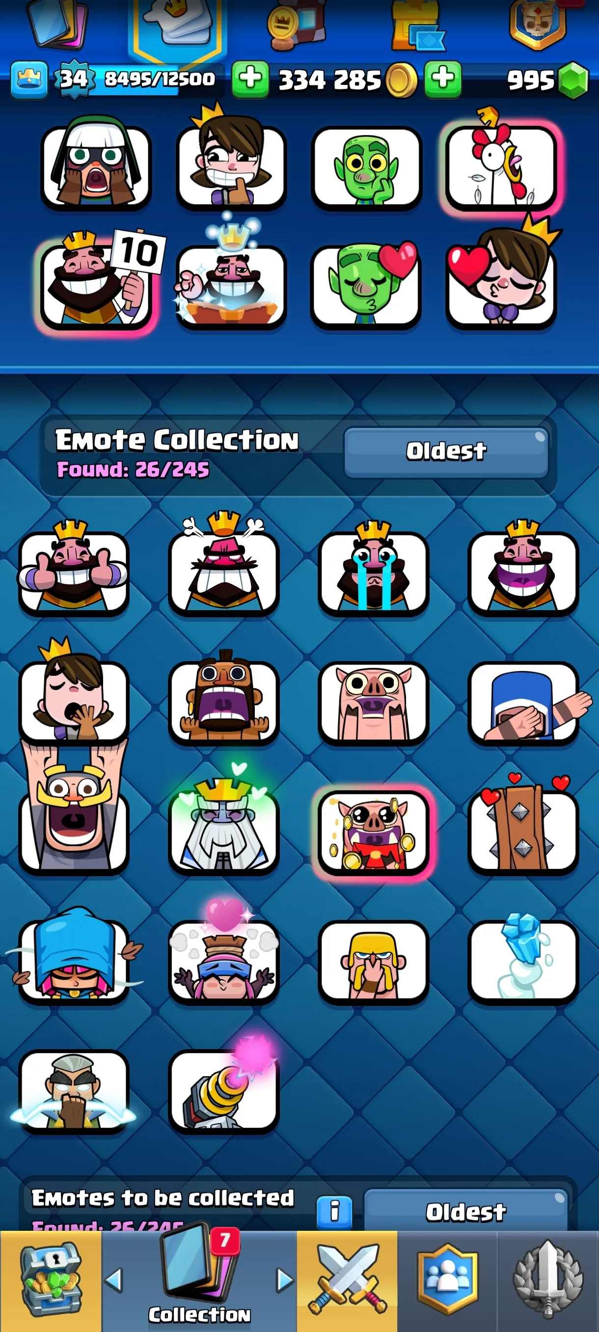 CR673 7635 cups 3 Evolutions 18 Legendary 113 cards 995 gems 334285 gold King 34 Arena 20 3 tower skins 26 emotes