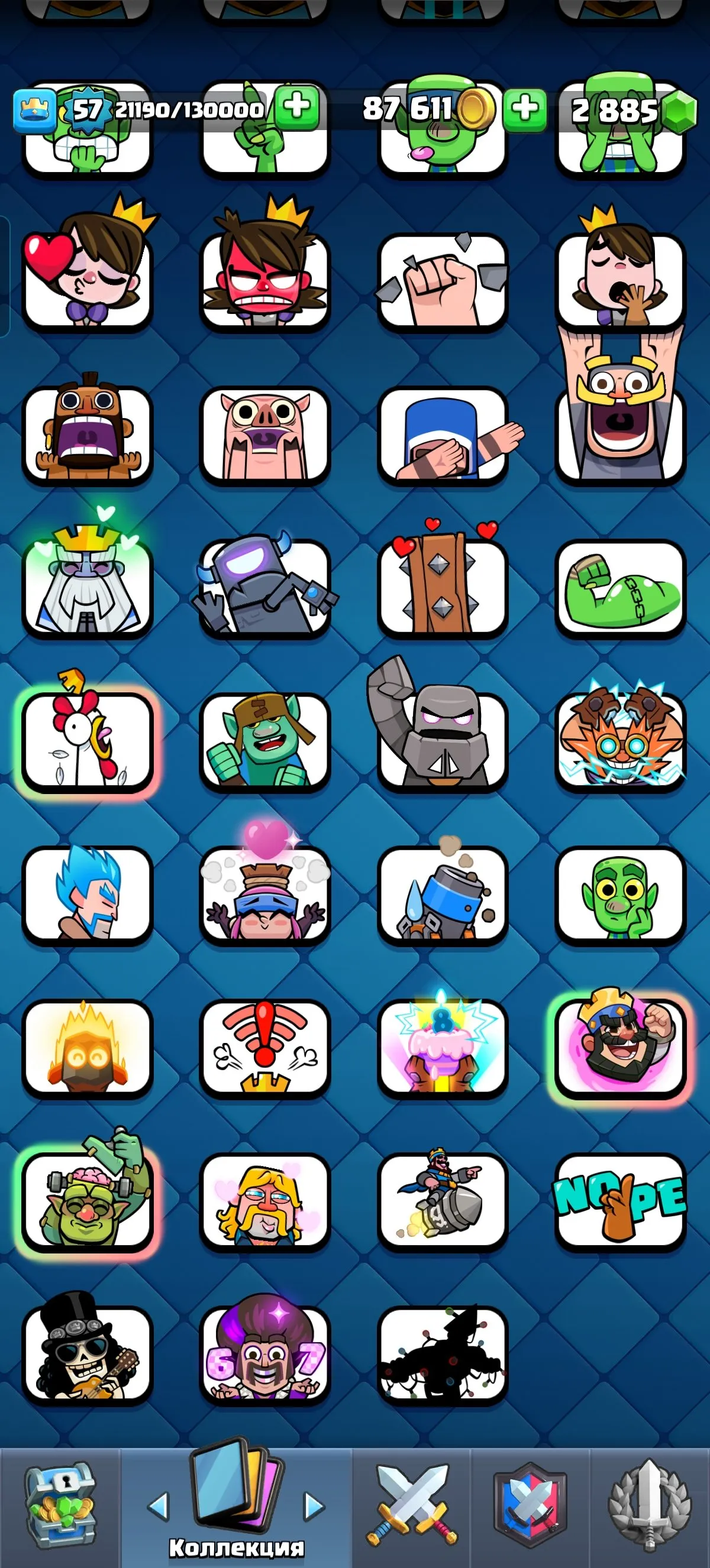 CR662 Arena 25 • King Level 57 • 10,060 Trophies • 121/121 Cards • 23 Legendaries • 11 Evolutions • 47 Emojis • 8 Tower Skins • 8-Year Badge • 2,885 Gems • 87,000 Gold