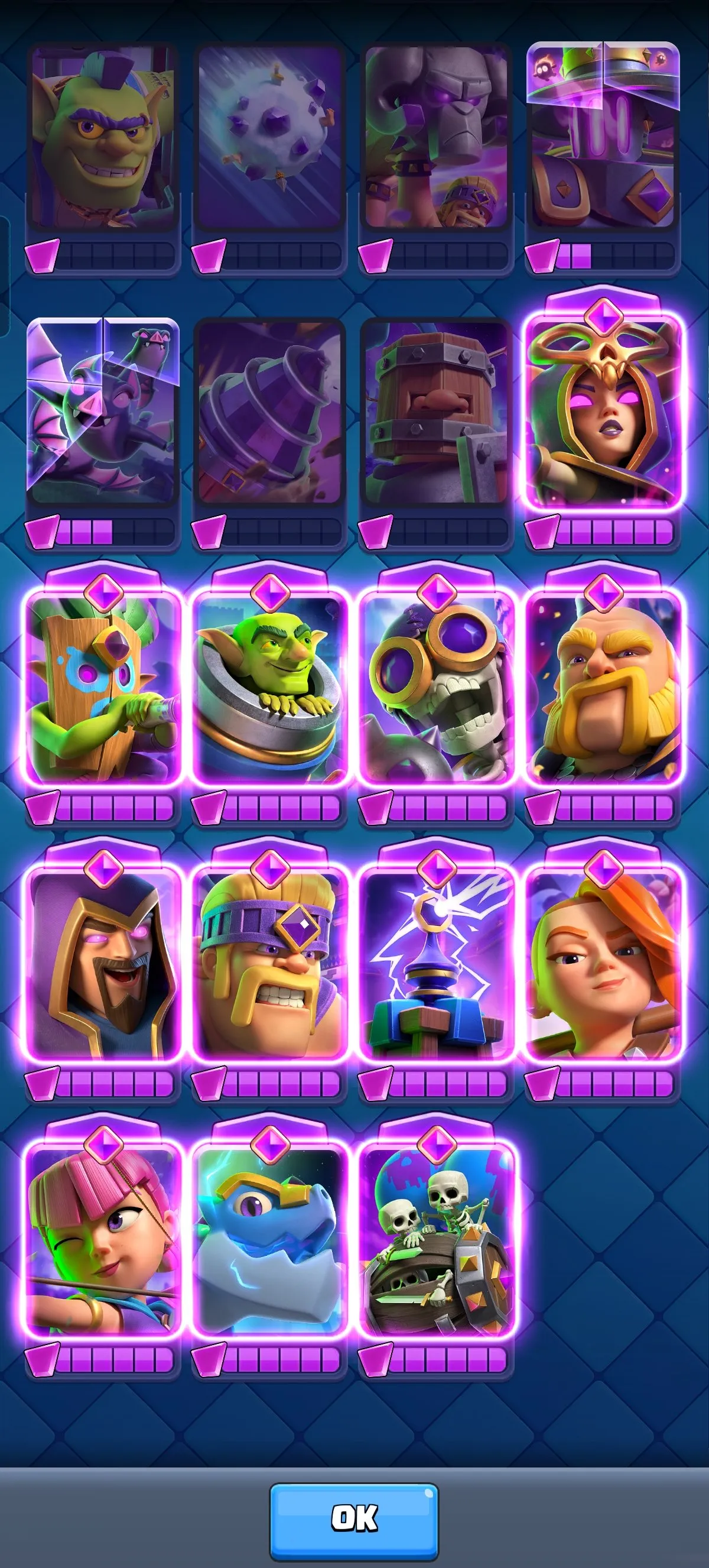 CR661 Max King Tower 15 Arena 25 10060 Trophies 121 Cards Lv14 23 Legendaries 12 Evolutions Witch Dart Mortar Royal Giant 57 Emotes 6 Tower Skins