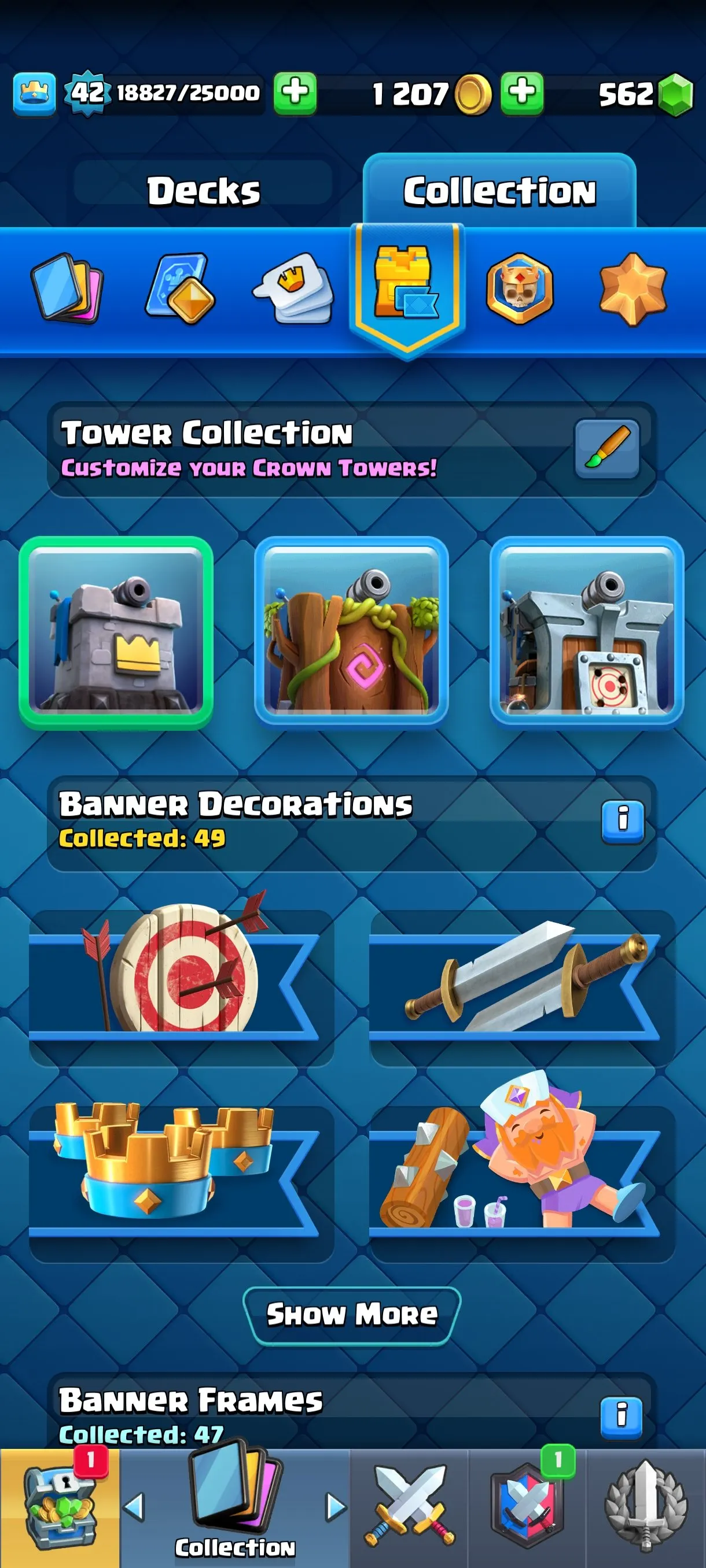 CR679 7530 cups 9 Evolutions 121 cards 562 gems King 42 Arena 20 53 emotes 2 tower skins rich badges collection