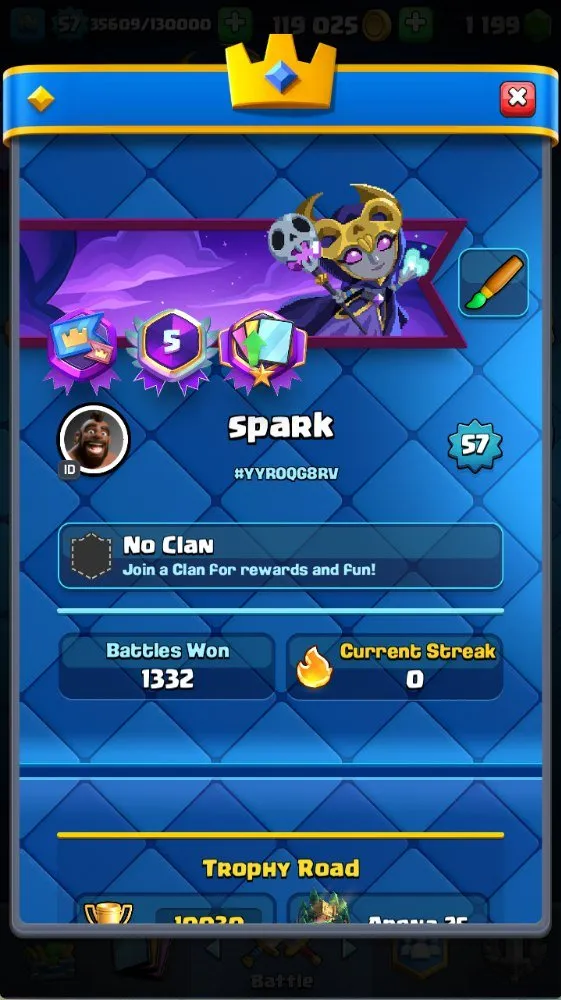 CR714 Level 57 maxed deck 2x level 16 3x level 15 12 evolutions 10k trophies Arena 24 119k gold 1.1k gems all 121 cards unlocked