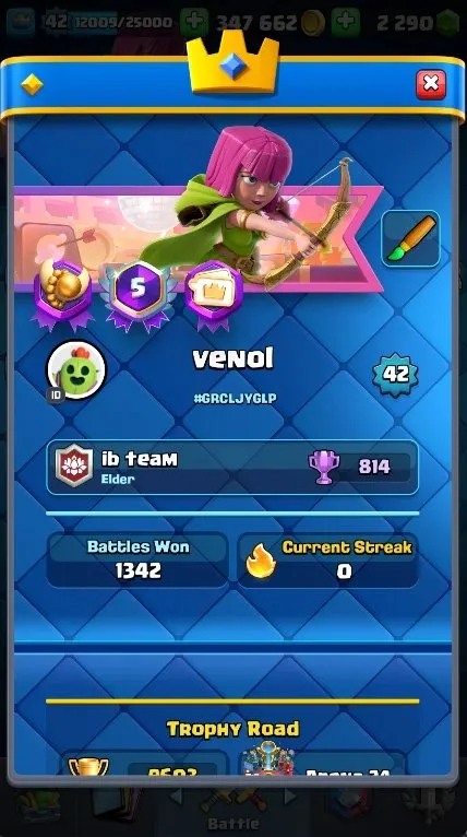 CR590 Max KT14 lvl 42 arena 23, 9603 trophies, 119 cards, 2 maxed, 5 lvl 15, 5 evolutions, 43 emotes, 6 tower skins, 2290 gems, 347k gold, books and wildcards