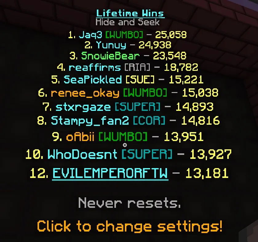 MC44 // MVP+ 250 Network Level #12 Lifetime Hide and Seek Wins UHC Extra Ultimates 10/30 Professions Unlocked