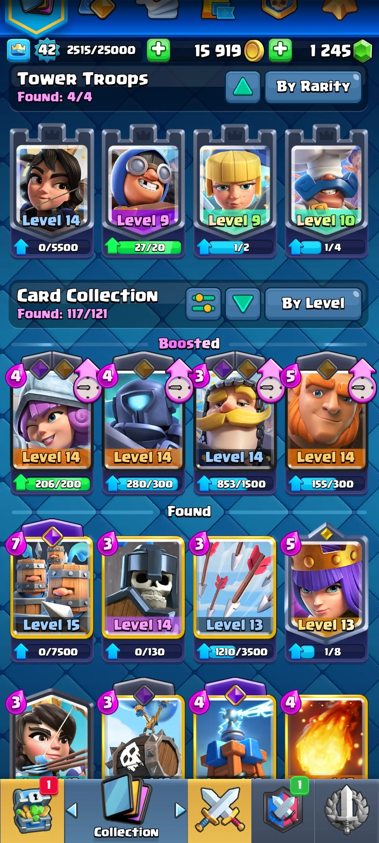 CR543 9730 cups 7 Evolutions 117 cards 54 emotes 2 tower skins 42 banners 53 frames