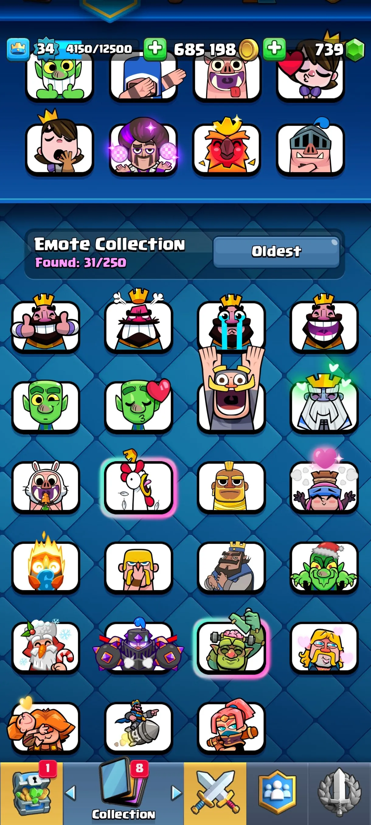 CR671 7581 cups 3 Evolutions 16 Legendary 111 cards 739 gems 685198 gold King 34 Arena 20 rich emotes tower banners
