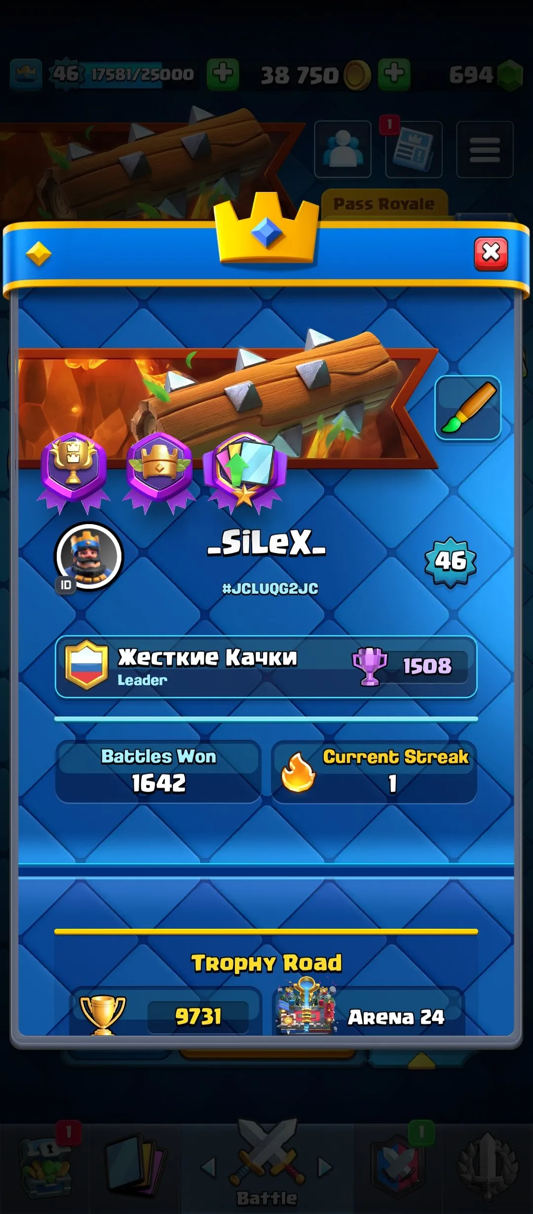 CR624 King Level 46 Arena 24 9700 Trophies 119 Cards 8 Evo 29 Pins Min Deck LVL 14 Max Deck LVL 15 Name Change Free 33k Best Seasons