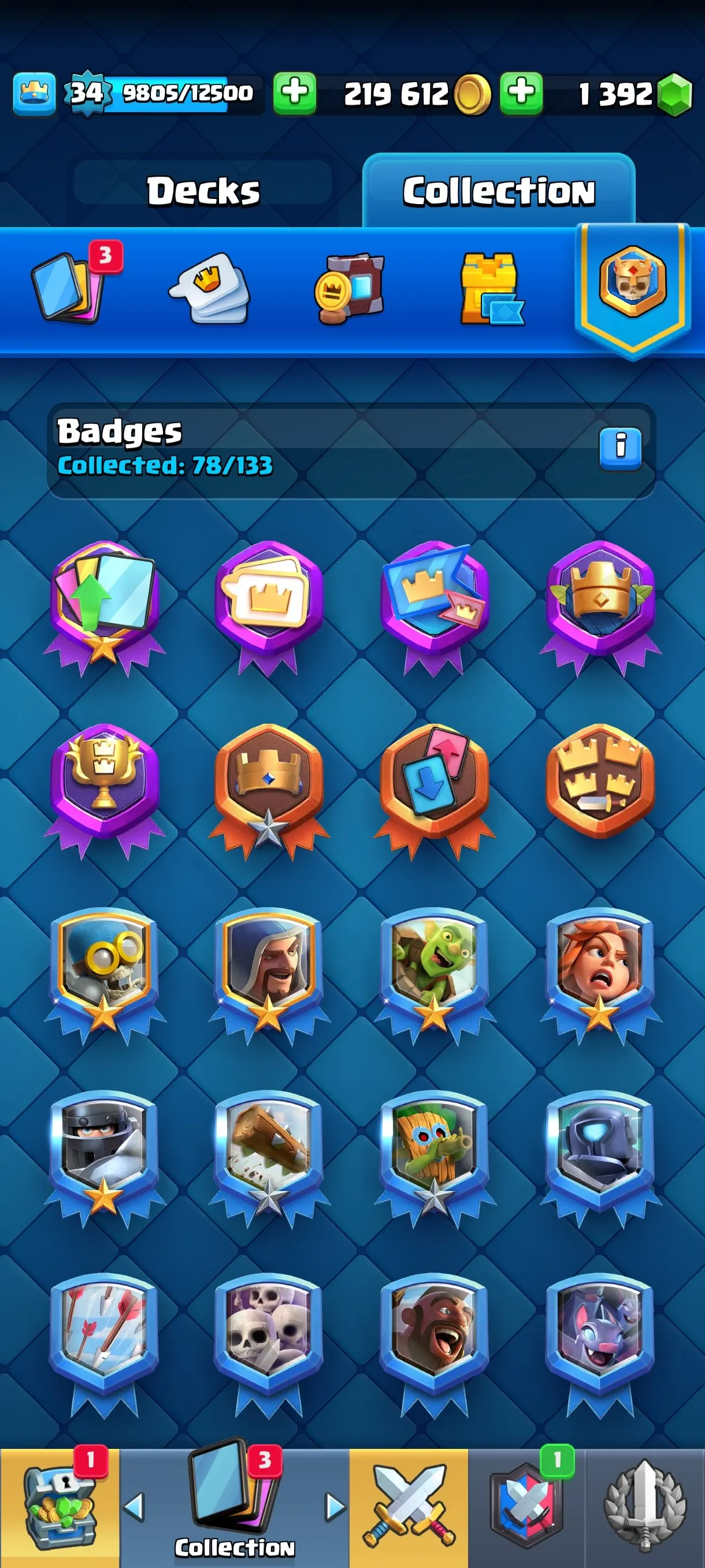 CR672 7632 cups 6 Evolutions 20 Legendary 116 cards 1392 gems 219612 gold King 34 Arena 20 3 tower skins 26 emotes