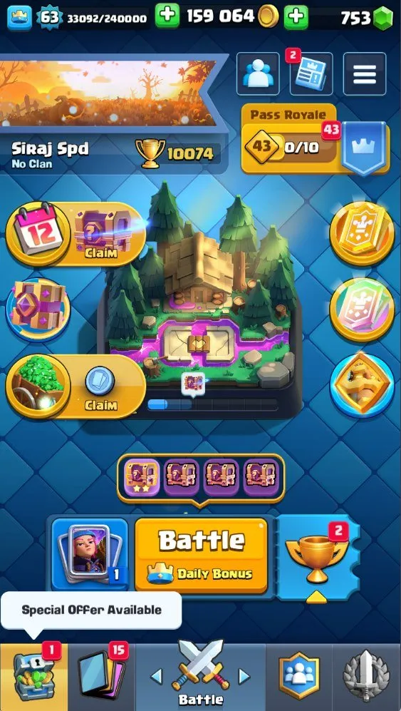 CR718 Level 63 deck with Rocket Archer 5 level 16 9 level 15 14 evolutions 10k trophies Arena 24 159k gold 753 gems 39 emotes 121 cards 20 legendaries