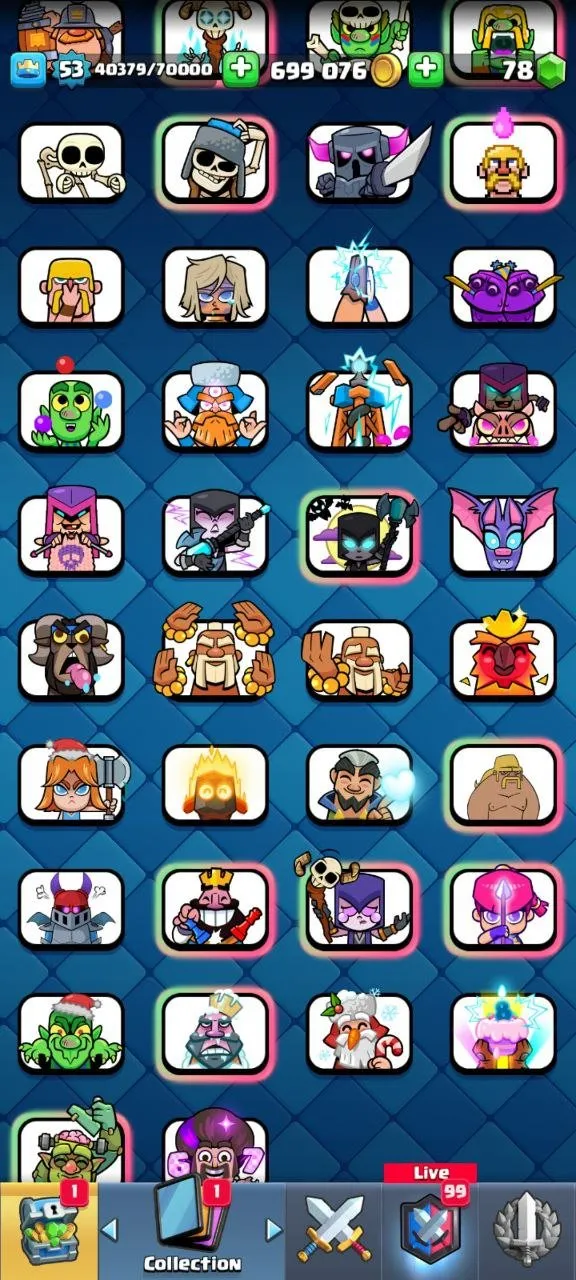 CR544 ULTIMATE CHAMP 9742 trophies 78 emotes 5 level 15 cards 18 level 14 cards 699k gold 21 legendary cards 62 banners