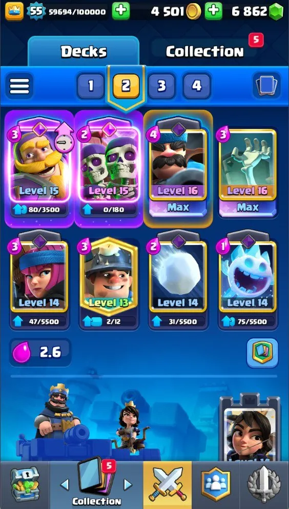 CR629     7.8k Trophies Arena 20 King Level 55 Hunter Deck 2 LVL16 4 LVL14 4 Evolutions 6800 Gems 19 Legendaries 119 Cards Free Name Change 29 Emotes Banner Decorations Custom Towers