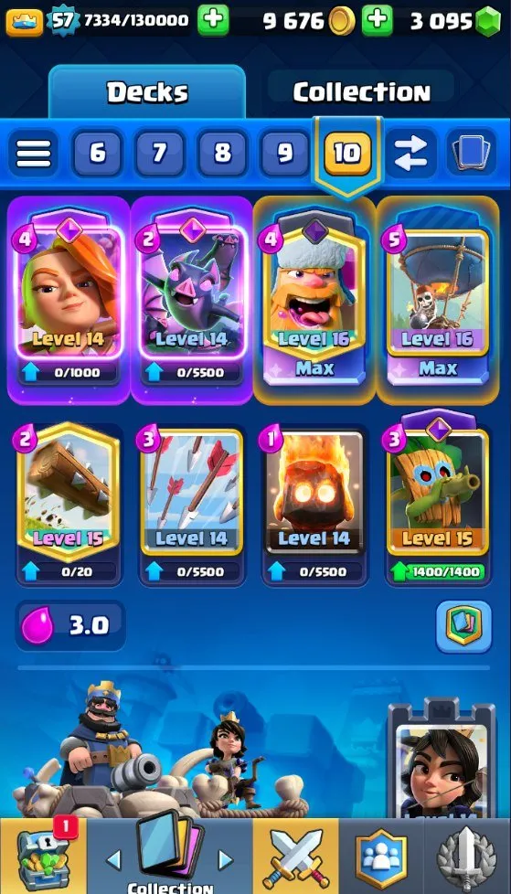 CR545 10k trophies lvl 57, 120 cards 19 legendary, lumberjack deck, 2 lvl 16 2 lvl 15, 3k gems, 85 emotes