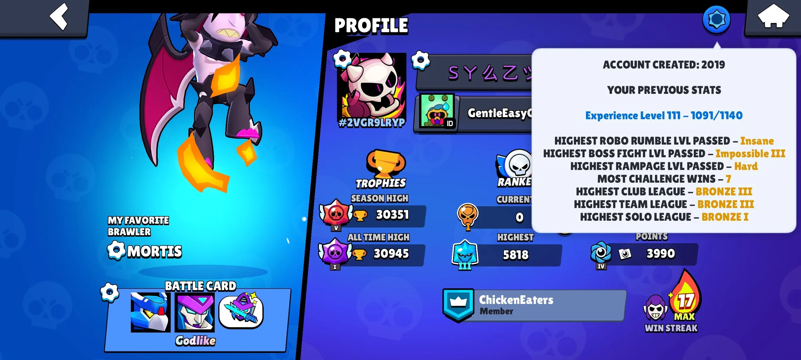 BS1926 Max 30k Trophies 80/96 Brawlers 127 Skins Devilish Mortis Godzilla Buzz Sovereign Gem Rico Mecha Crow Mecha Mortis Night Mecha Crow 