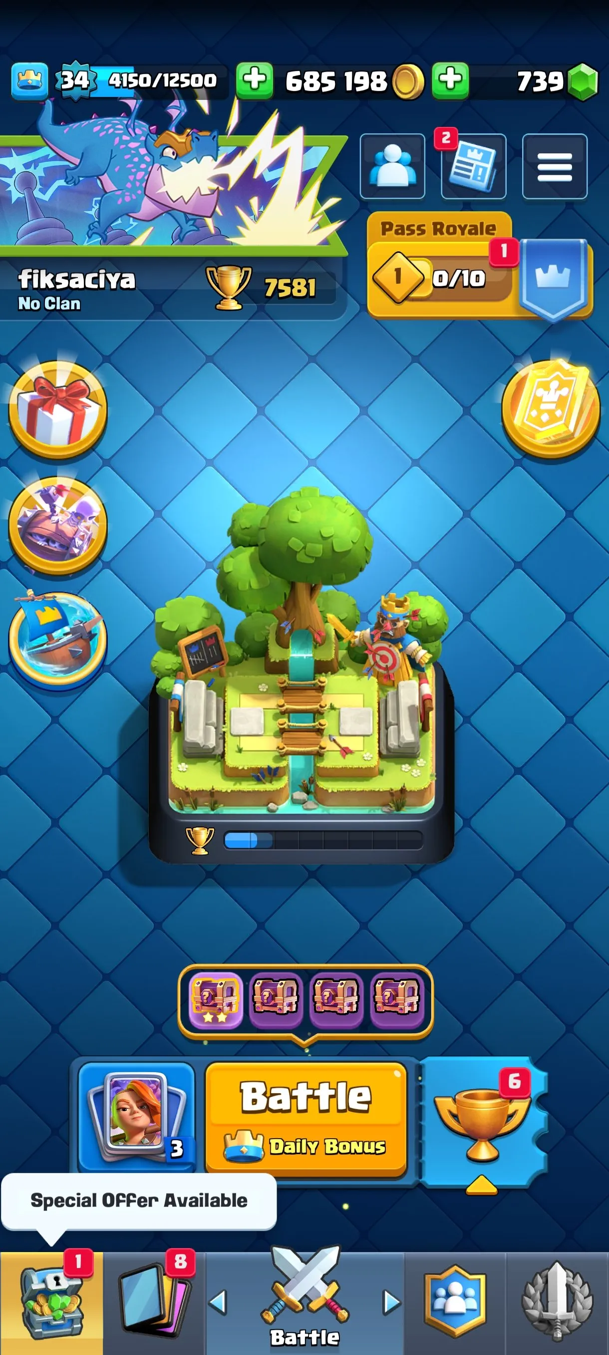 CR671 7581 cups 3 Evolutions 16 Legendary 111 cards 739 gems 685198 gold King 34 Arena 20 rich emotes tower banners