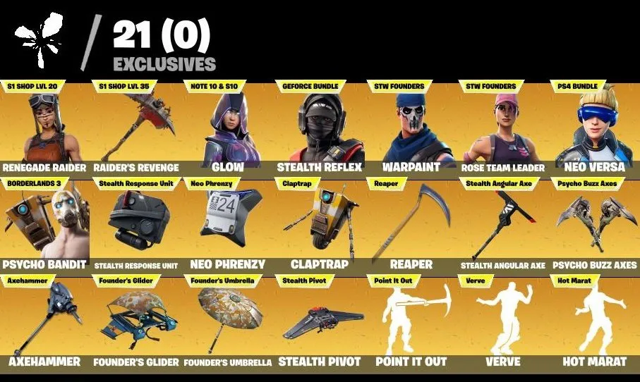 F849 Rare OG Account with 234 Skins including Renegade Raider, Glow, Borderlands, NVIDIA | 210 Backblings | 186 Picks