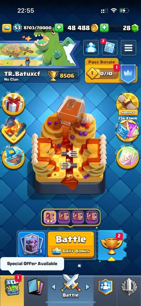 CR628 8.5K Trophies L53 Arena 22 120 Cards 20 Legendaries Valkyrie Deck 1 L16 1 L15 Card 7 Evolutions 49 Emotes 28 Gems 48K Gold