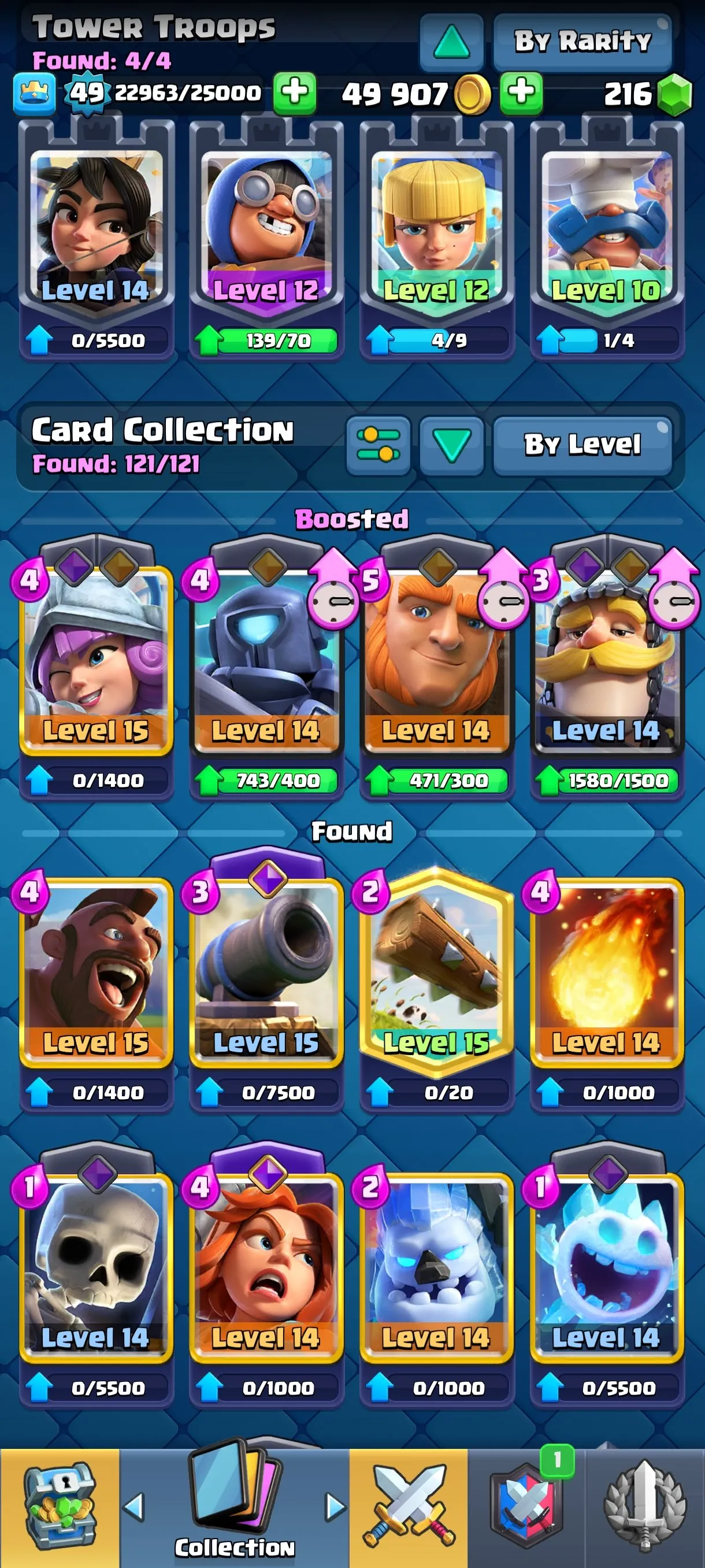 CR565 Maxed 10k Trophies Level 49 star 5 Evolutions 121 Cards 51 Emotes 3 Tower Skins 216 Gems