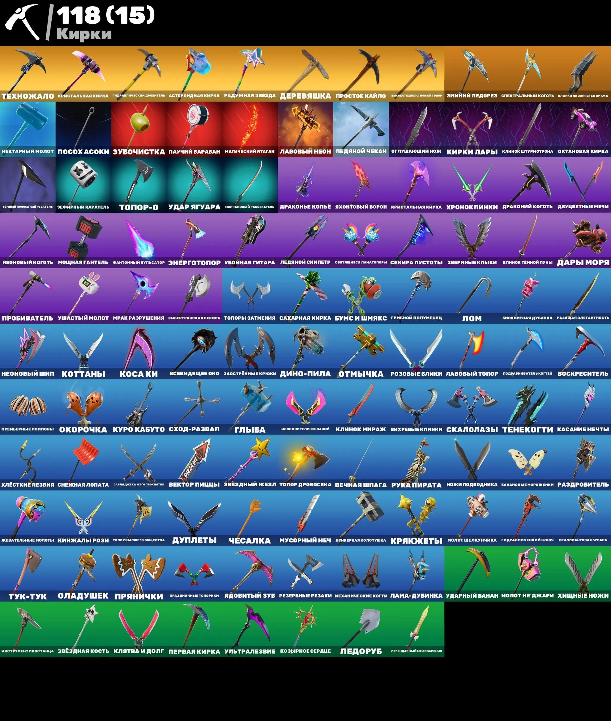 F991 108 Skins Account with 118 Pickaxes, 114 Emotes, 111 Gliders, and 700 Vbucks