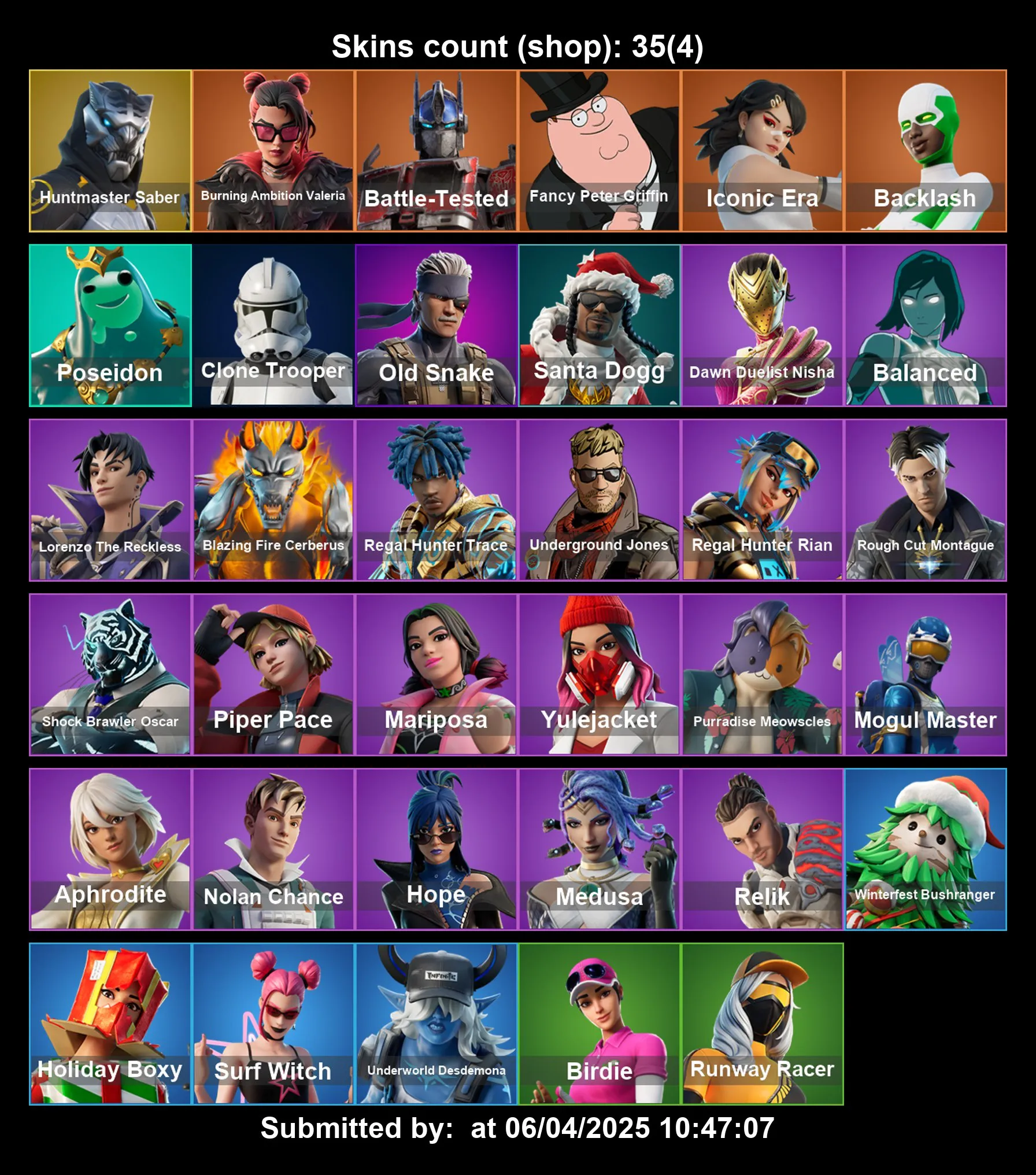 [PC/PS4-5/XBOX] 35 Skins | Hunt Master Saber | Back Lash | Clone Trooper | Surf Witch | Birdie | Mogul Master | Medusa | Santa Dogg | Full Email Access