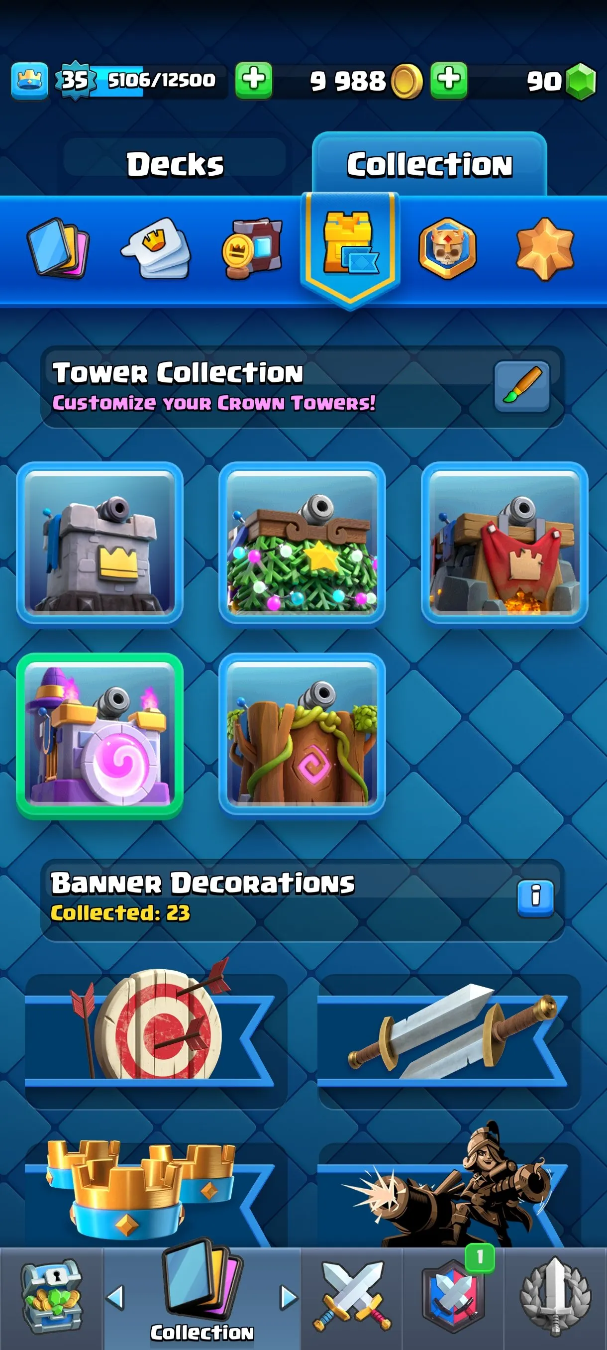 CR674 6565 cups 1 Evolution 115 cards 90 gems 9988 gold King 35 Arena 18 4 tower skins 25 emotes badges collection