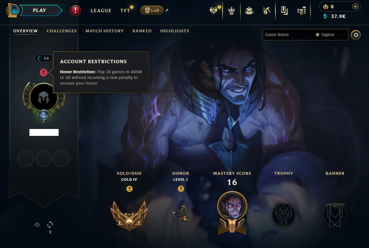 EUW🔱GOLD 4🔱INSANE LP GAINS🔱MID MAIN🔱37900 BE🔱VANGUARD SAFE🔱Unverified Mail🔱Handleveled🔱