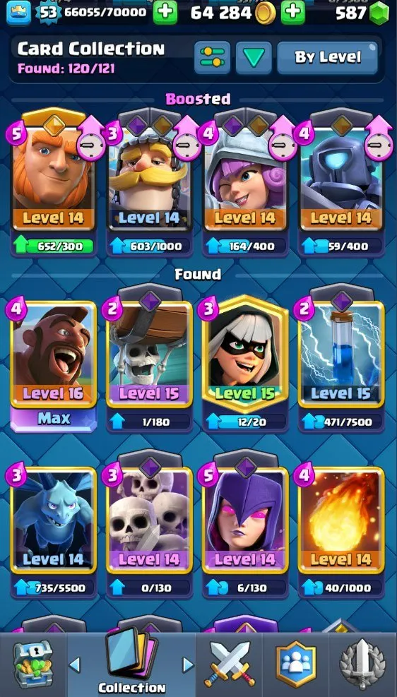 CR720 7.5k Trophies Level 53 Hog Deck One Level 16 Hog Rider Three Level 15 Bandit Witch Skeleton Barrel Five Evolutions 19 Legendary Cards 120